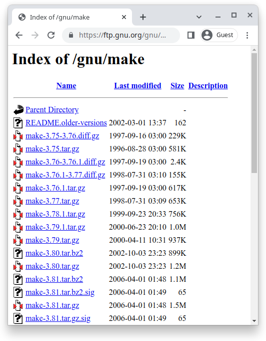 "FTP" page with the source-code releases of GNU make